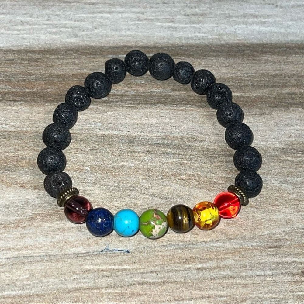 7 Chakra Lava Stone Oil Diffuser Bracelet – 8mm Crystal Healing Classic Stretch